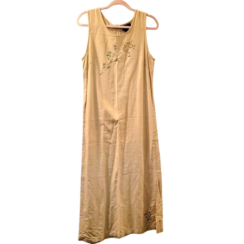 Vtg Y2K Blue J. Linen Floral Embroidered Maxi Jumper Dress Summer Resort Wear S